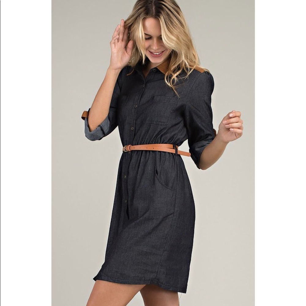 Belted Chambray Dress with Suede Contrast